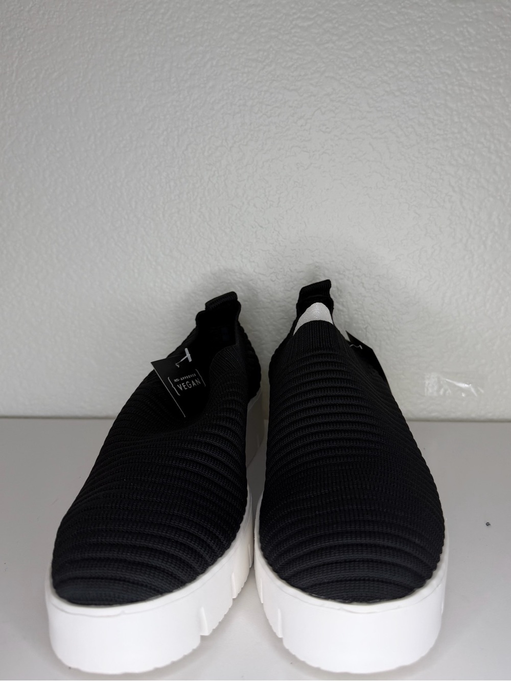 bernie mev. Black Knit Slip-On Espadrilles with White Platform Sole